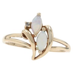 Yellow Gold Opal Diamond Ring - 10k Marquise Cabochon .31ctw Two-Stone