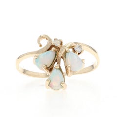 Yellow Gold Opal Diamond Ring - 10k Pear Cabochon .29ctw Three-Stone Bypass