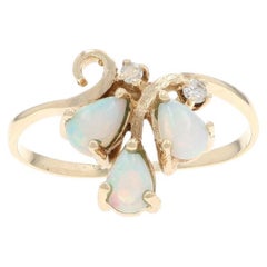 Yellow Gold Opal Diamond Ring - 10k Pear Cabochon .29ctw Three-Stone Bypass