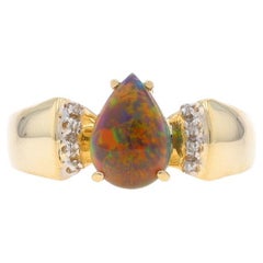 Yellow Gold Opal & Diamond Ring - 10k Pear Cabochon .91ctw