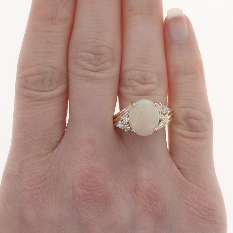 Oval Cut Yellow Gold Opal & Diamond Ring - 14k Oval Cabochon 2.79ctw Bypass For Sale