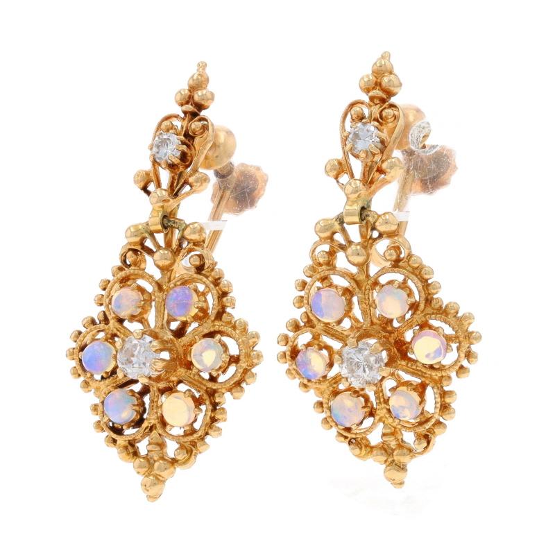 Round Cut Yellow Gold Opal Diamond Vintage Dangle Earrings - 14k Cab 1.04ctw Non-Pierced