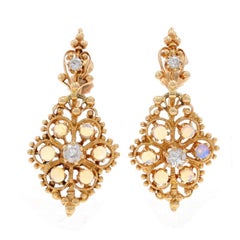 Yellow Gold Opal Diamond Vintage Dangle Earrings - 14k Cab 1.04ctw Non-Pierced