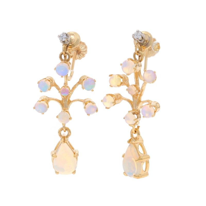 Round Cut Yellow Gold Opal Diamond Vintage Dangle Earrings 14k Cabochon2.52ctw Non-Pierced For Sale