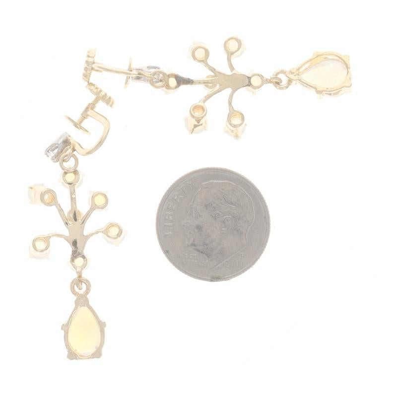 Yellow Gold Opal Diamond Vintage Dangle Earrings 14k Cabochon2.52ctw Non-Pierced In Excellent Condition For Sale In Greensboro, NC