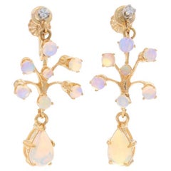 Yellow Gold Opal Diamond Vintage Dangle Earrings 14k Cabochon2.52ctw Non-Pierced