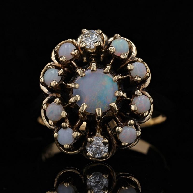 Round Cut Yellow Gold Opal & Diamond Vintage Halo Ring -14k Rnd Cab 1.26ctw Floral Scallop For Sale