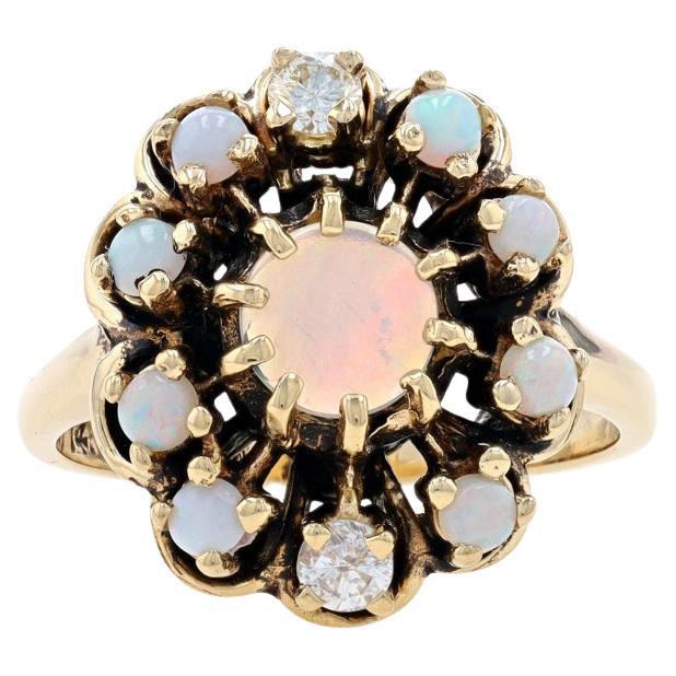 Yellow Gold Opal & Diamond Vintage Halo Ring -14k Rnd Cab 1.26ctw Floral Scallop For Sale