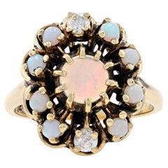 Yellow Gold Opal & Diamond Vintage Halo Ring -14k Rnd Cab 1.26ctw Floral Scallop