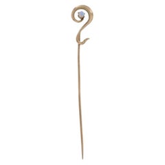 Yellow Gold Opal Edwardian Scroll Stickpin - 10k Round Cabochon Antique