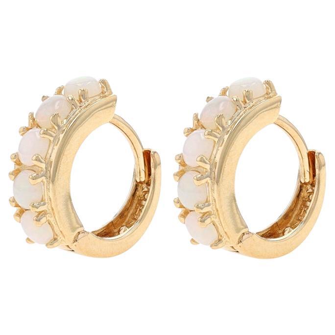 Yellow Gold Opal Five-Stone Huggie Hoop Earrings 14k Rnd Cabochon .80ctw Pierced For Sale