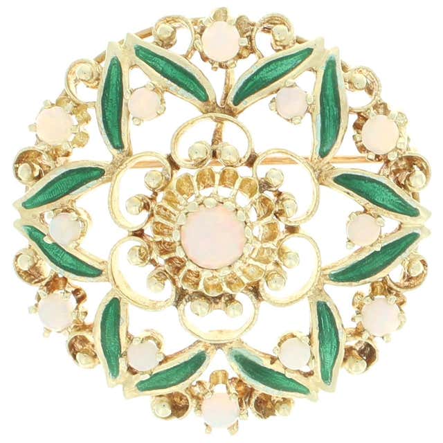 Pink Convertable Pin 1950s Diamond, Enamel Pink Floral 14 Karat Yellow Gold Convertible Pin ...