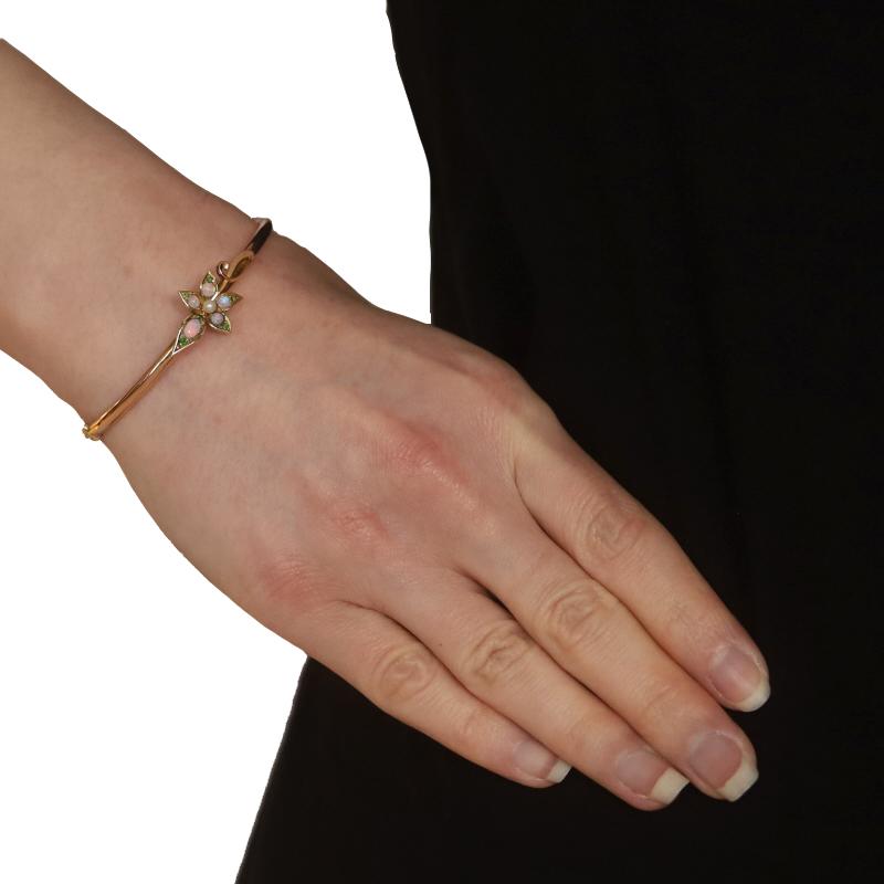 Bead Yellow Gold Opal Garnet Pearl Edwardian Floral Bangle Bracelet 6 1/4
