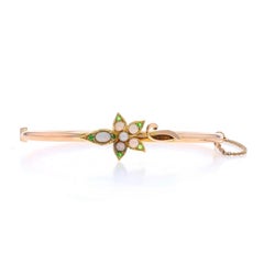 Yellow Gold Opal Garnet Pearl Edwardian Floral Bangle Bracelet 6 1/4" 14kAntique