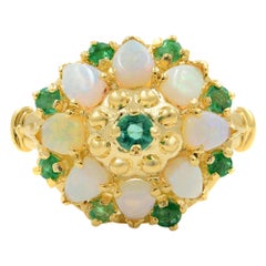 Yellow Gold Opal Green Emerald Retro Cocktail Ring