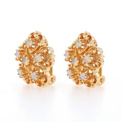 Yellow Gold Opal Large Stud Earrings 14k Cabochon .25ctw Scroll Flowers Clip-Ons