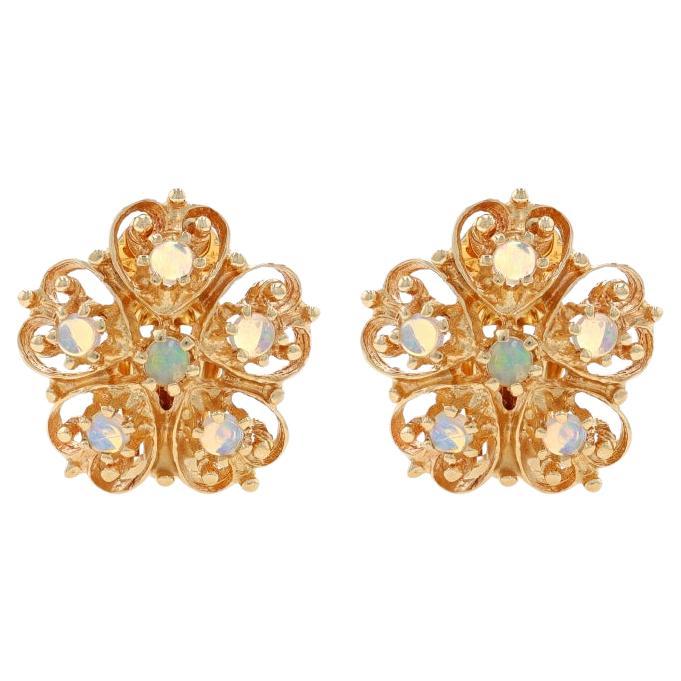 Yellow Gold Opal Large Stud Earrings 14k Cabochon .25ctw Scroll Flowers Clip-Ons