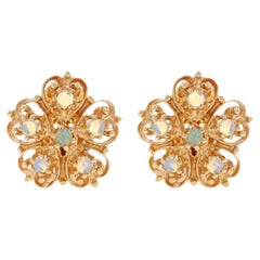 Yellow Gold Opal Large Stud Earrings 14k Cabochon .25ctw Scroll Flowers Clip-Ons