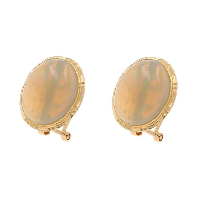 Oval Cut Yellow Gold Opal Large Stud Earrings - 14k Oval Cabochon Pierced For Sale
