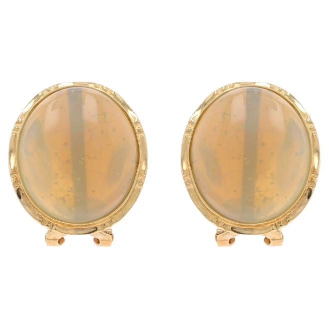 Yellow Gold Opal Large Stud Earrings - 14k Oval Cabochon Pierced For Sale