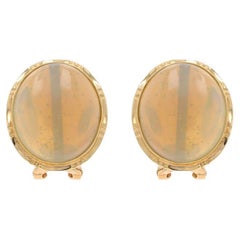 Yellow Gold Opal Large Stud Earrings - 14k Oval Cabochon Pierced
