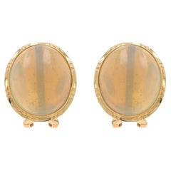 Yellow Gold Opal Large Stud Earrings - 14k Oval Cabochon Pierced