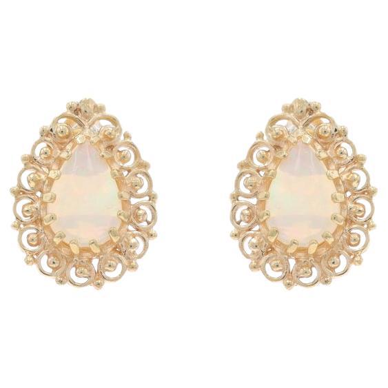 Yellow Gold Opal Large Stud Earrings - 14k Pear Cabochon .68ctw Scallop Pierced