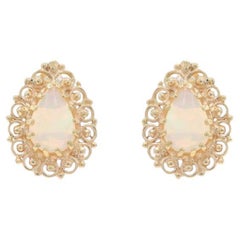 Yellow Gold Opal Large Stud Earrings - 14k Pear Cabochon .68ctw Scallop Pierced