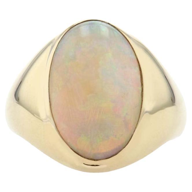 Yellow Gold Opal Men's Ring - 18k Oval Cabochon Cut 5.70ct Solitaire Size 9 1/4 For Sale