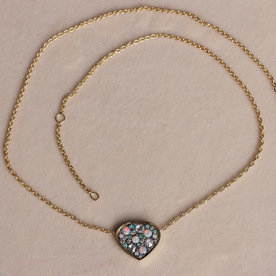 Gelbgold Opal Paraiba Weiß Brillant- und Rosenschliff-Diamant Anhänger Halskette im Angebot 5