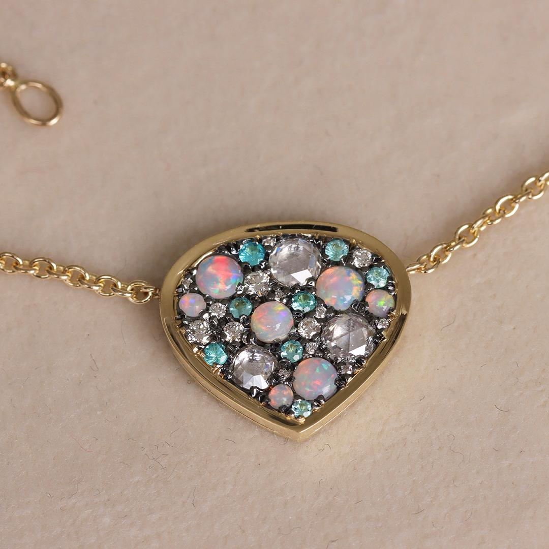 Yellow Gold Opal Paraiba White Brilliant- and Rose-Cut Diamond Pendant Necklace For Sale 5