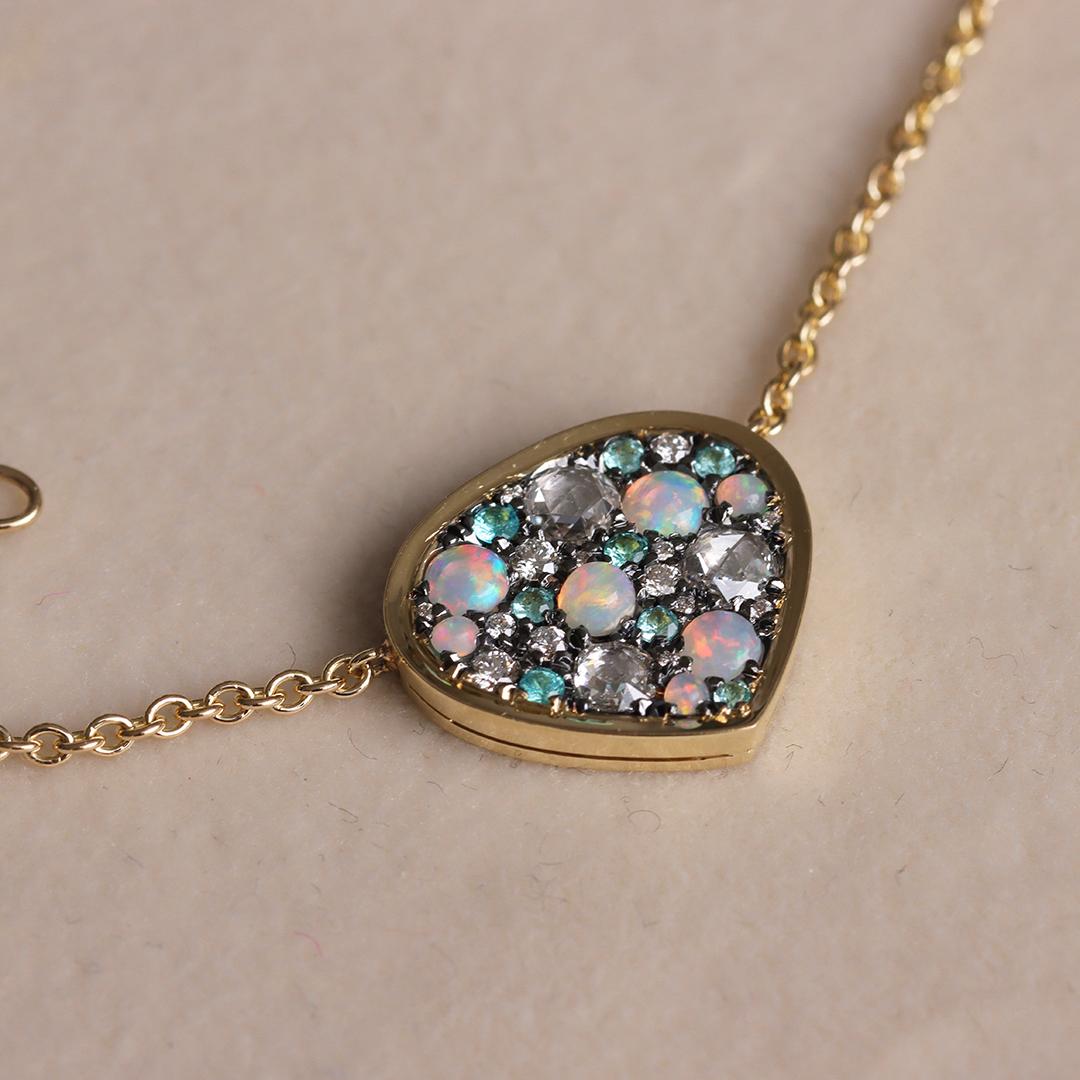 Gelbgold Opal Paraiba Weiß Brillant- und Rosenschliff-Diamant Anhänger Halskette im Angebot 7