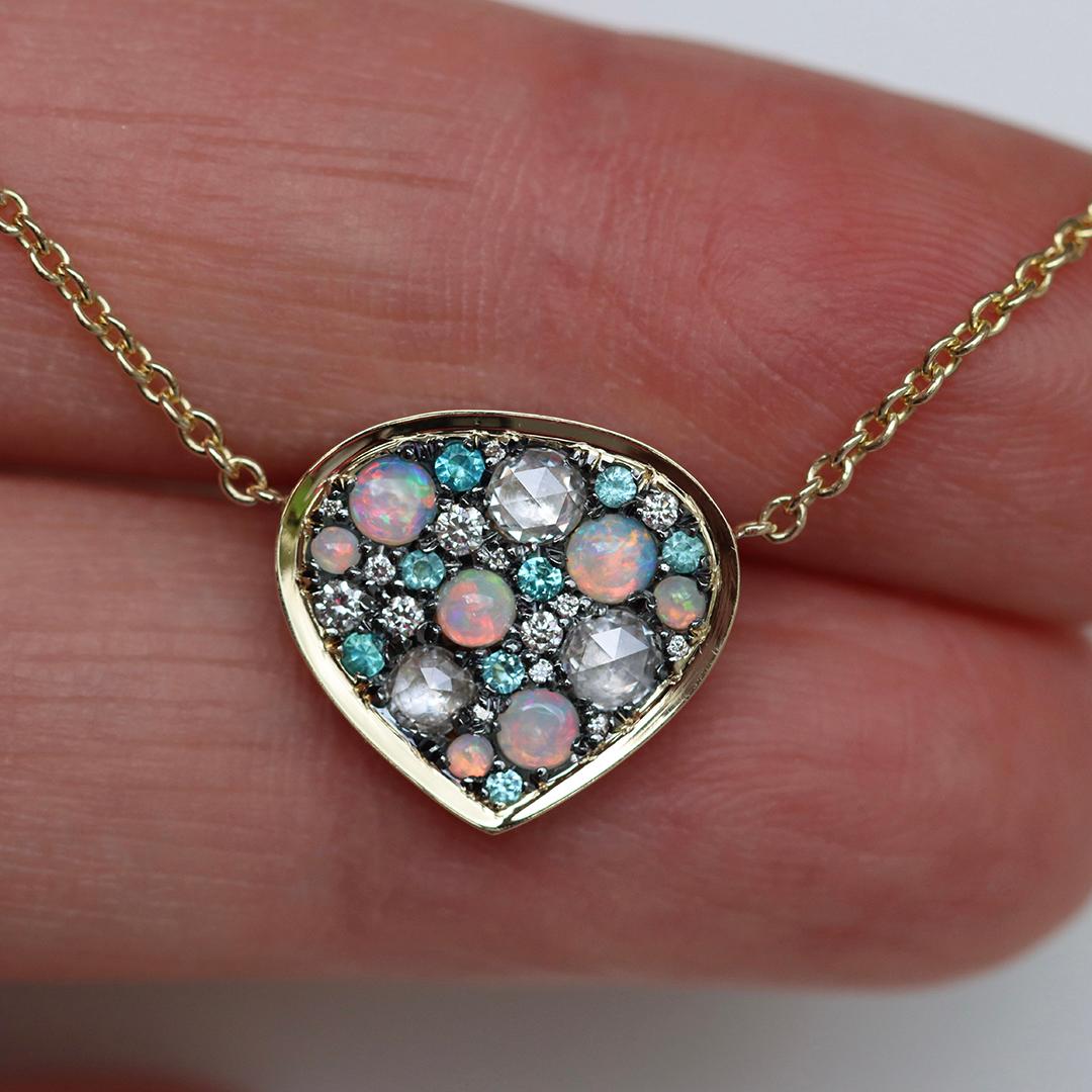 Yellow Gold Opal Paraiba White Brilliant- and Rose-Cut Diamond Pendant Necklace For Sale 9
