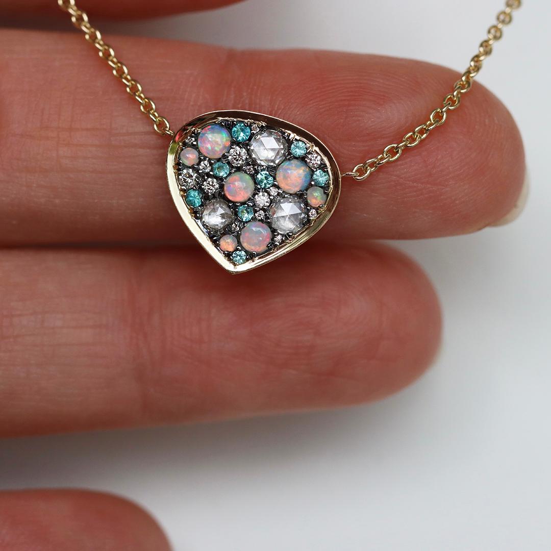 Yellow Gold Opal Paraiba White Brilliant- and Rose-Cut Diamond Pendant Necklace For Sale 10