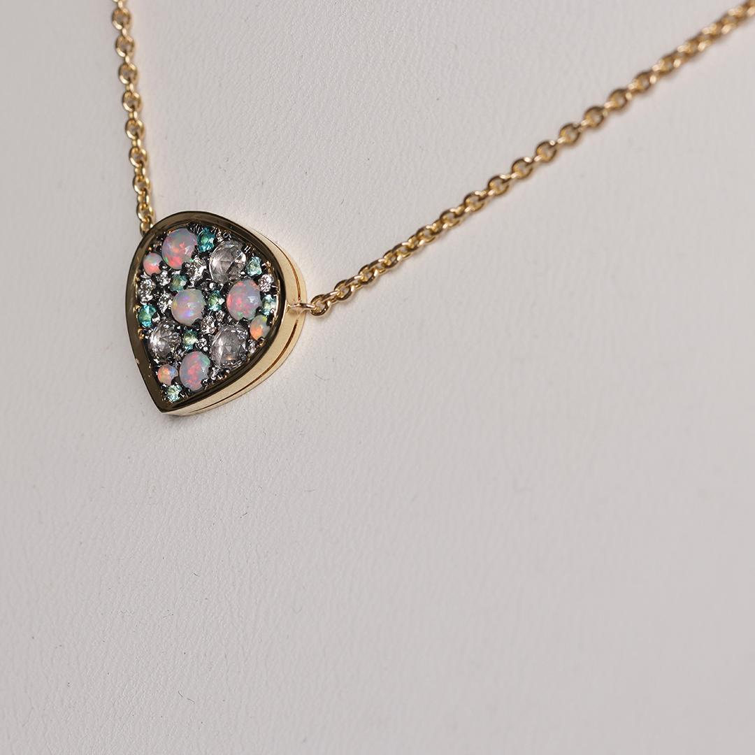 Artist Yellow Gold Opal Paraiba White Brilliant- and Rose-Cut Diamond Pendant Necklace For Sale