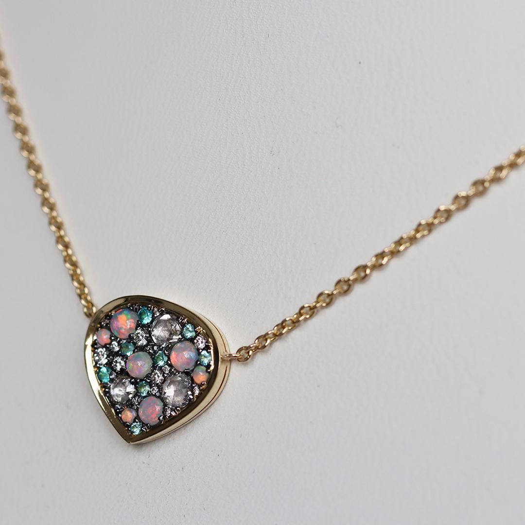 Rose Cut Yellow Gold Opal Paraiba White Brilliant- and Rose-Cut Diamond Pendant Necklace For Sale