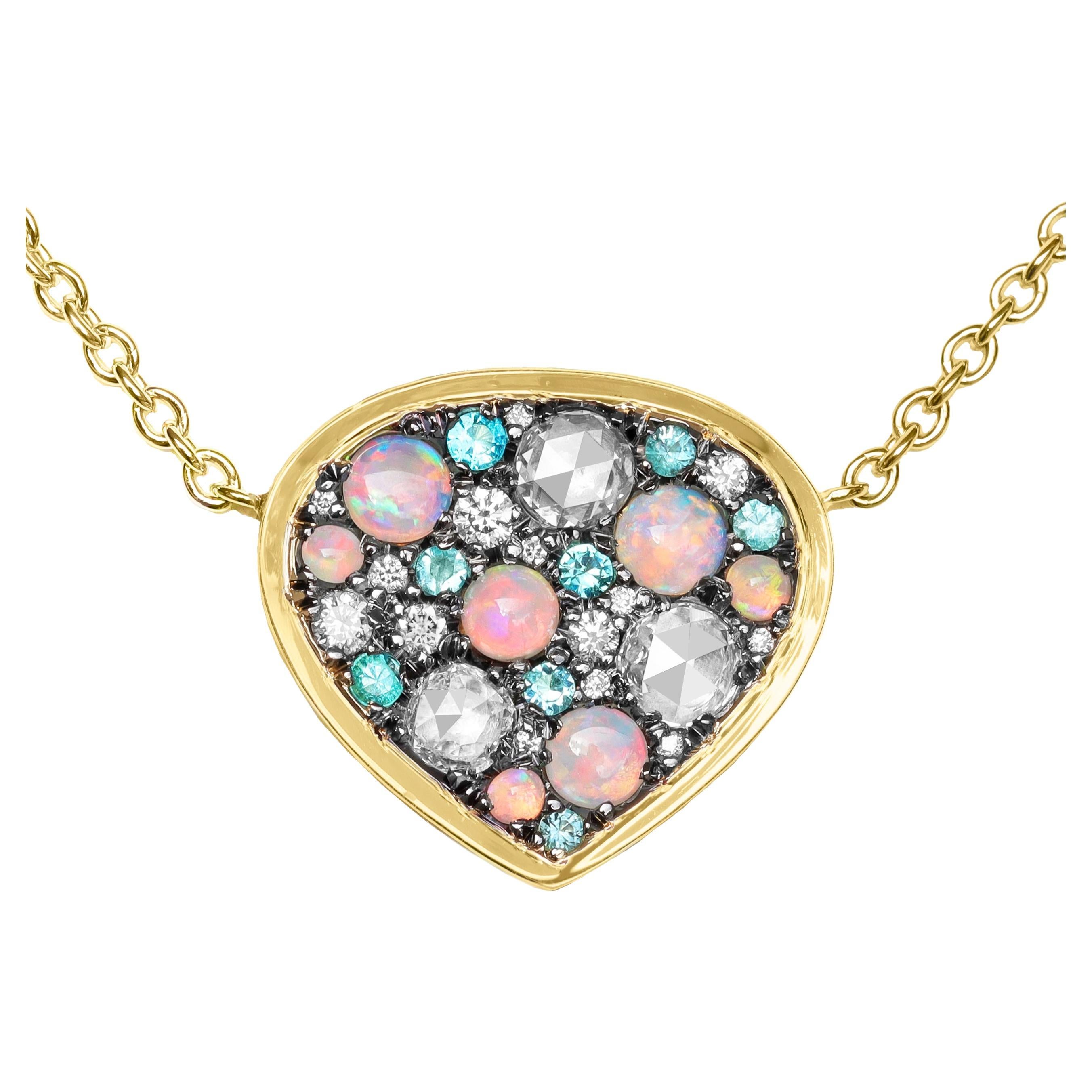 Collier pendentif Paraiba en or jaune, opale et diamants blancs brillants et taillés en rose