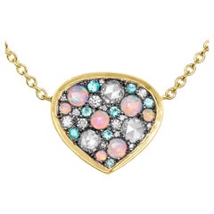 Gelbgold Opal Paraiba Weiß Brillant- und Rosenschliff-Diamant Anhänger Halskette
