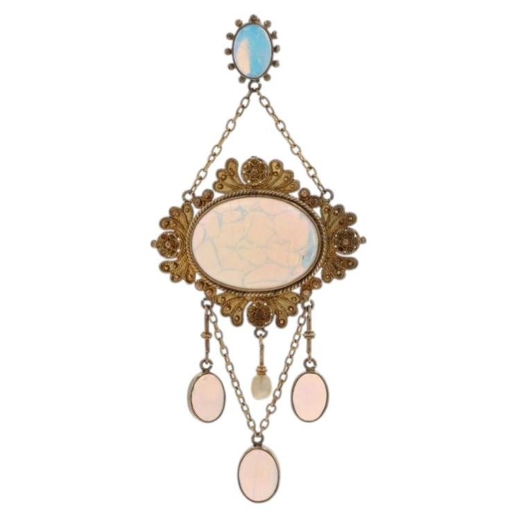 Yellow Gold Opal Pearl Edwardian Dangle Pendant - 10k Oval Cab 6.92ctw Antique For Sale