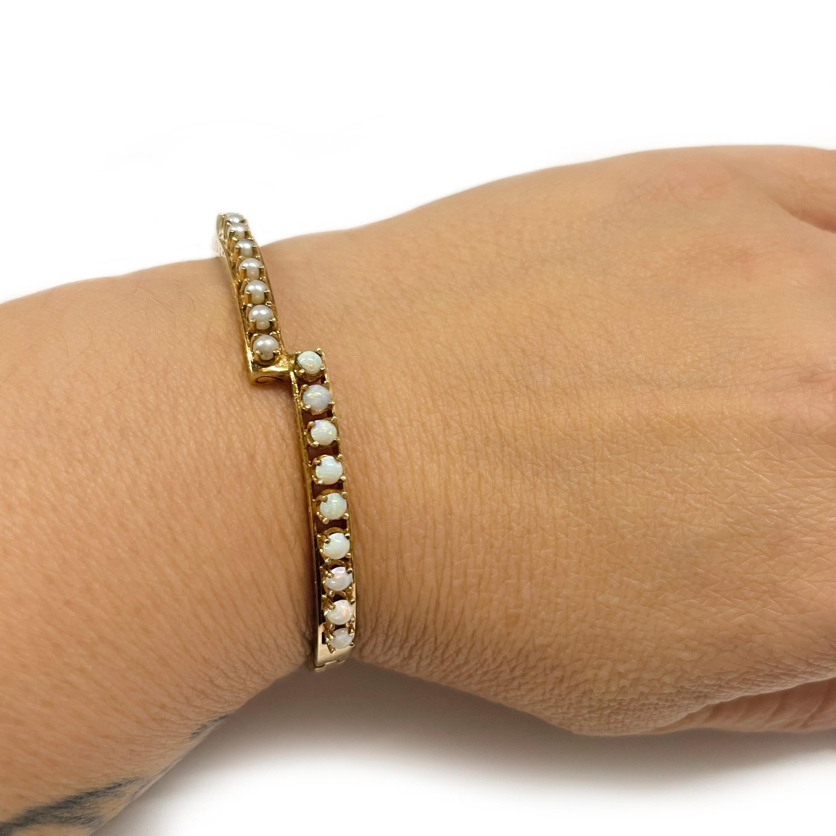 Women's Yellow Gold Opal Pearl Hinged Bangle Bracelet For Sale