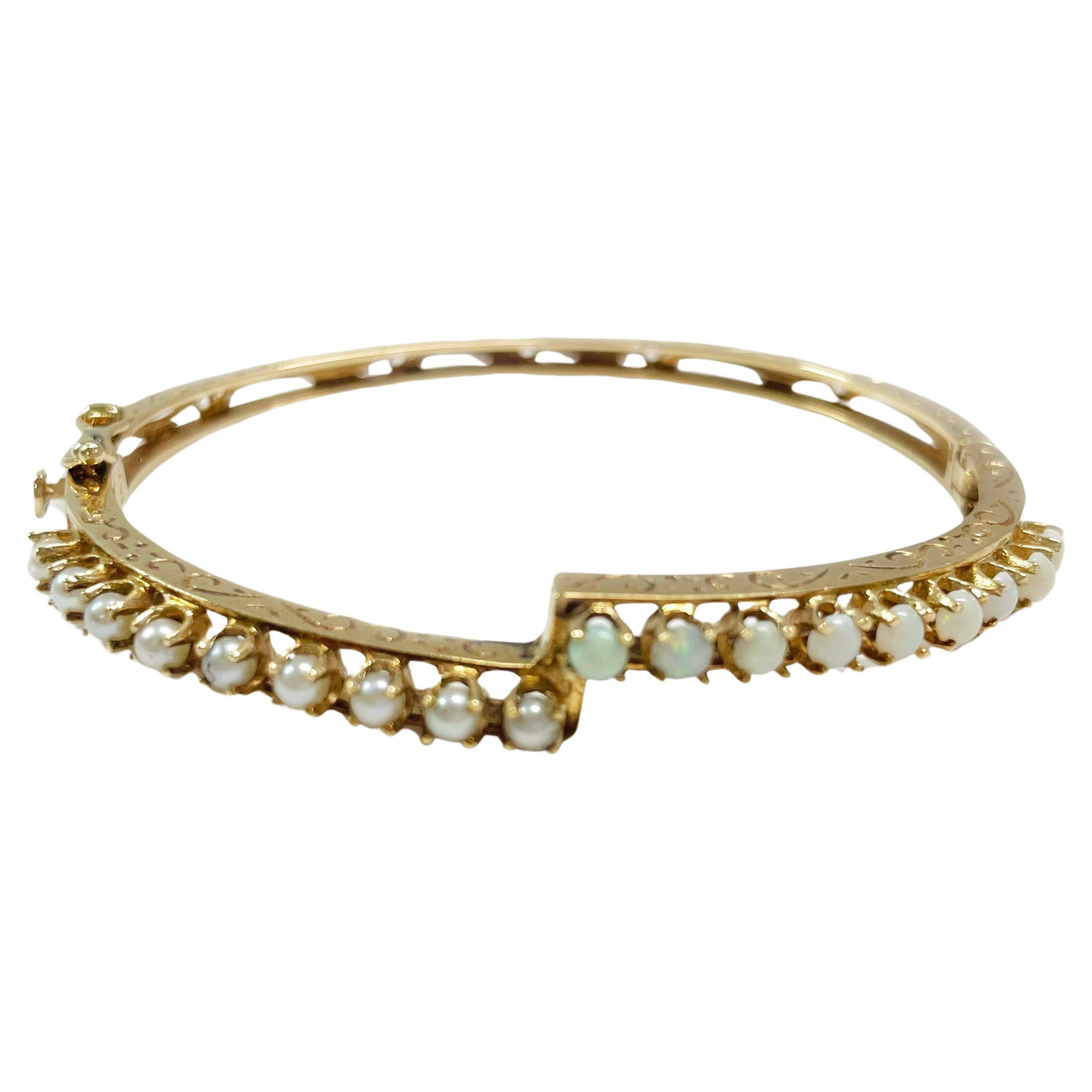 Yellow Gold Opal Pearl Hinged Bangle Bracelet
