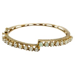 Vintage Yellow Gold Opal Pearl Hinged Bangle Bracelet