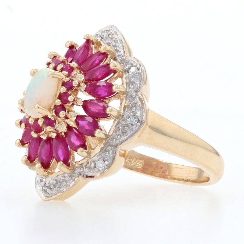 Uncut Yellow Gold Opal, Ruby, & Diamond Flower Halo Ring, 10k Oval Cut 2.78ctw