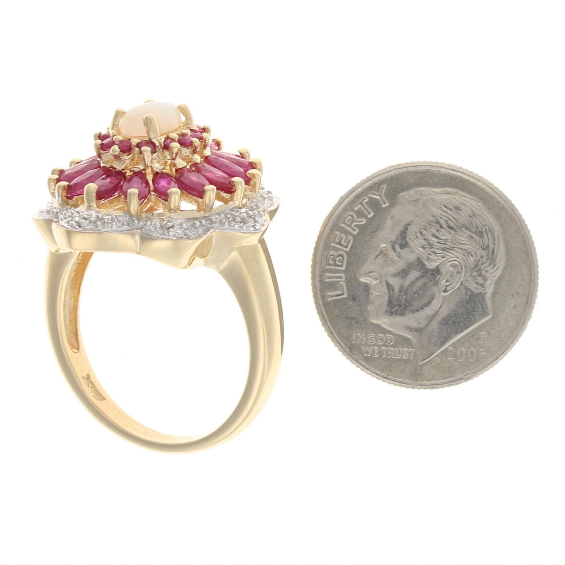Women's or Men's Yellow Gold Opal, Ruby, & Diamond Flower Halo Ring, 10k Oval Cut 2.78ctw