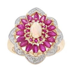 Yellow Gold Opal, Ruby, & Diamond Flower Halo Ring, 10k Oval Cut 2.78ctw