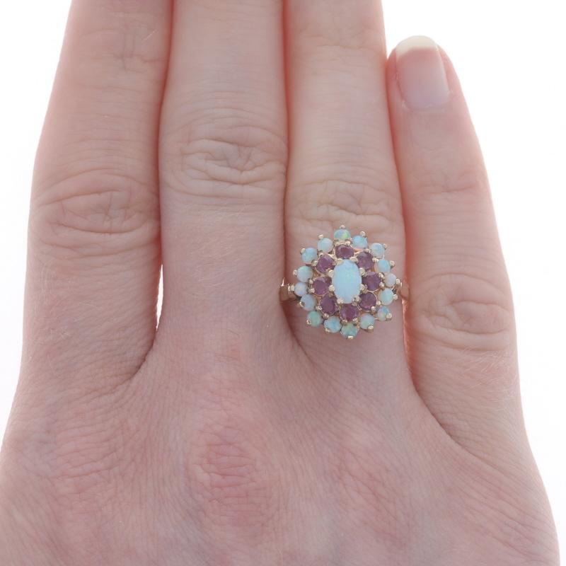 Round Cut Yellow Gold Opal & Ruby Double Halo Ring -9k Oval Cab & Round Cab 1.46ctw Flower