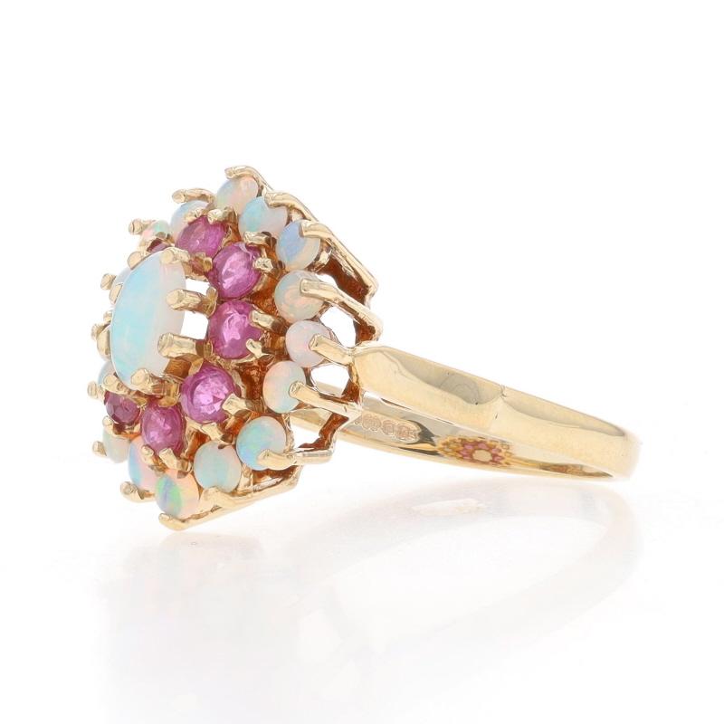 Yellow Gold Opal & Ruby Double Halo Ring -9k Oval Cab & Round Cab 1.46ctw Flower In Excellent Condition In Greensboro, NC