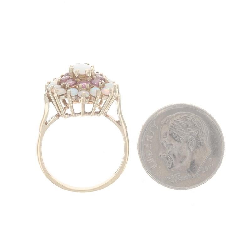 Yellow Gold Opal & Ruby Double Halo Ring -9k Oval Cab & Round Cab 1.46ctw Flower 1