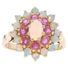 Yellow Gold Opal & Ruby Double Halo Ring -9k Oval Cab & Round Cab 1.46ctw Flower