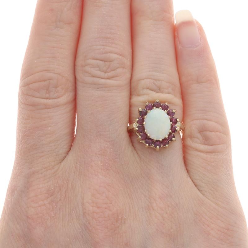 Oval Cut Yellow Gold Opal Ruby Halo Ring - 14k Oval Cabochon 2.28ctw For Sale
